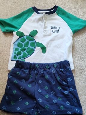 Quiltex Green, White & Navy Turtle Top and Shorts Set